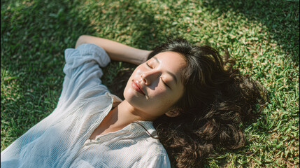 Naklejka premium A woman relaxes on the grass, sunlit and serene, with her eyes closed, enjoying nature and a moment of tranquility.