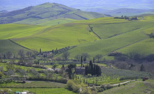 View of the green hills from the panoramic terrace, San Casciano dei Bagni, province of Siena, Italy