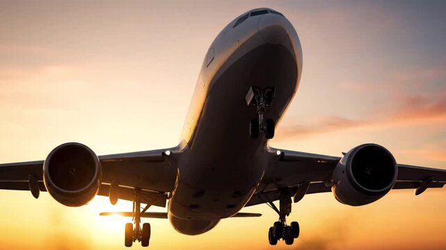An elegant Boeing airliner jet flys through the golden sky at sunset, landing at the airport after a business travel flight to represent the peak of modern aviation transportation