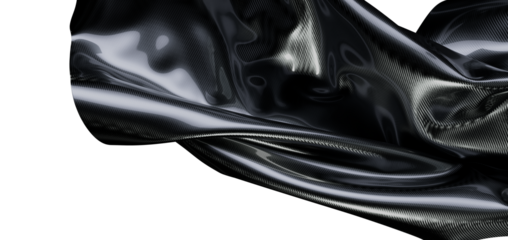 Elegant abstract background featuring a dark, flowing fabric texture with reflective highlights, isolated against a whit