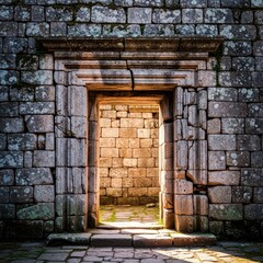 Ancient weathered stone wall entrance providing a dramatic threshold into an unknown space or hidden garden area, featuring heavy materials, building, facade, boundary