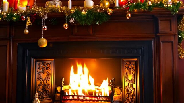A beautifully decorated christmas tree adorned with colorful ornaments and twinkling lights stands beside a warm fireplace. golden baubles and seasonal decorations create a cozy, festive atmosphere pe