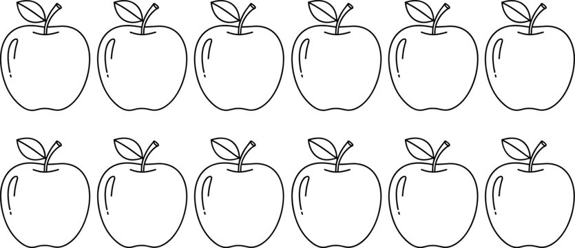 Apple fruit line illustration pattern, hand drawn fresh apples with leaves collection, healthy food outline design, minimal style, cad drawing flat vector illustration