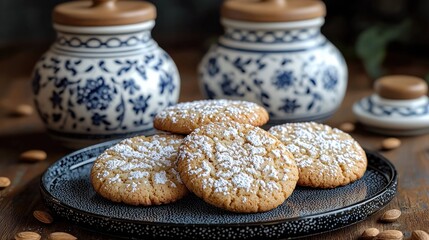 A close up of powdered cookies on a blue plate with decorative jars in the background