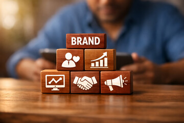 Corporate Branding and Business Identity Concept with Pyramid of Wooden Blocks Representing Growth Marketing and Customer Relationship