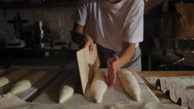 A female artisan baker carefully shapes unbaked baguettes before baking, giving them a perfect shape. Traditional bread-baking process in a bakery kitchen. Bakery, artisan bread, baguette.