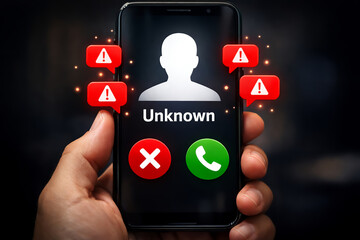 Hand Holding Smartphone with Unknown Incoming Call Warning and Spam Alert Notifications for Cyber Security Awareness