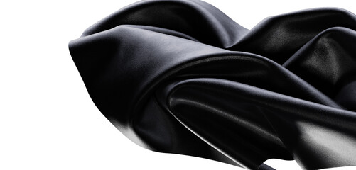 Abstract black fabric cloth in motion with shiny texture over white background. Elegant textile design for art and decor