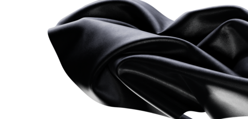 Abstract black fabric cloth in motion with shiny texture over white background. Elegant textile design for art and decor