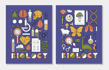 Science research cards - biology, chemistry and medicine. Banner of scientific laboratory with geometric icons of bio technology, organic cell, dna molecule, animals, brain and heart, vector illustrat