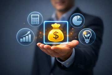 Businessman holding a glowing golden money bag icon with financial growth and investment symbols