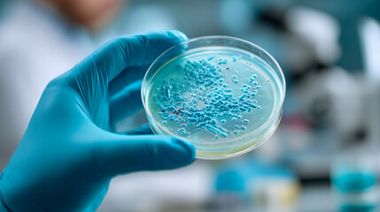 Scientist wearing blue gloves holding a petri dish with bacterial colonies in a laboratory setting focused on microbiology research and analysis