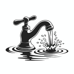 A black and white illustration of a vintage-style bathroom faucet with flowing water 
