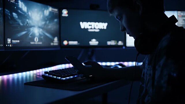 operating a computer workstation in a dim room with large monitors and a glowing keyboard