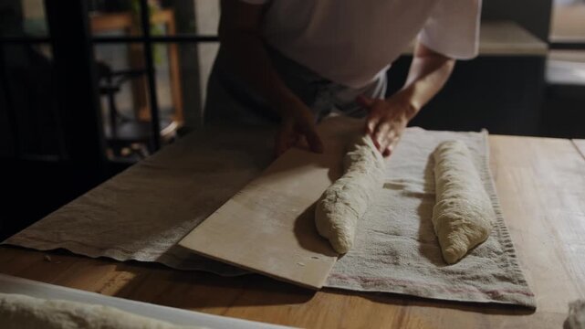 An artisan baker carefully places uncooked baguettes on a baking sheet before baking&mdash;a traditional bread-making process in an artisan bakery kitchen. Small bakery, handmade bread, morning baking. 