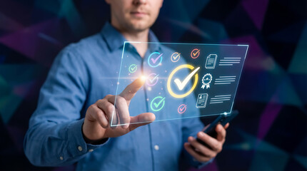 Verification and business compliance concept with businessman using a digital checklist interface