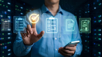 Business audit and workflow management concept with man interacting with holographic checklist icons