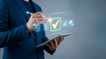 Electronic signature and digital document approval with businessman using stylus on tablet for business workflow