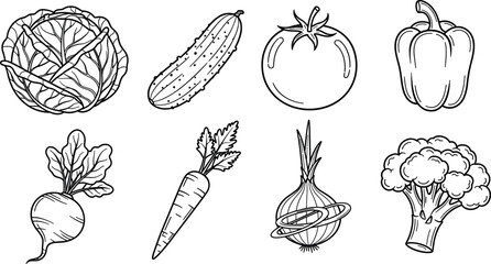 Vegetable line art icons set, cad drawing flat vector illustration for healthy food design, cooking guides, packaging, education, minimal print