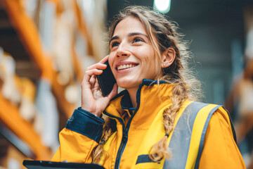A smiling woman in a yellow work jacket talks on her phone inside a warehouse, exuding confidence and professionalism.