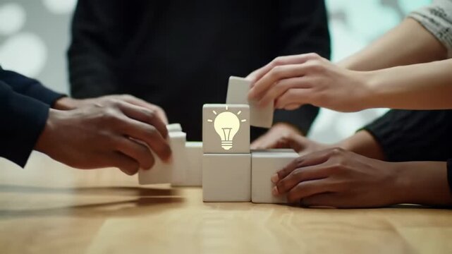 Diverse hands build ceramic block structure on modern wood desk, lightbulb illuminates. High-key light, blurred office. Concept of innovative collaboration and achievement