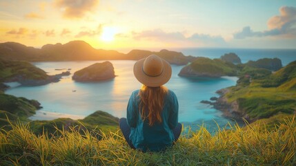 A woman with a hat sits on a hill overlooking a bay at sunset with islands in view