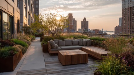 Focused view on shaded lounge area on a rooftop garden with softfocus planter beds and distant city buildings creating a serene healthcare respite.