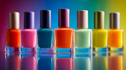 Vibrant nail polish bottles in a row displaying a range of bright colors with reflective surfaces and a colorful gradient background in soft focus