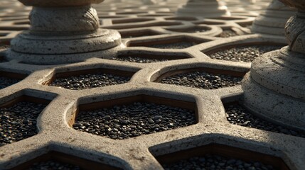 Carved stone grids form a background that represents computation. Textures and patterns highlight the merging of nature and technology in design.