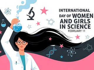 Vibrant February eleventh graphic celebrating female scientists with chemical glassware and molecular symbols on a dark pink backdrop.