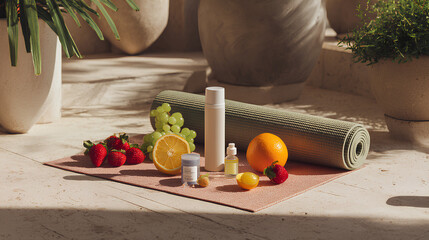 Modern wellness scene with clean skincare containers fresh fruit and yoga mat arranged on light stone floor with greenery and neutral tones
