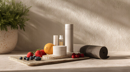 Modern wellness scene with clean skincare containers fresh fruit and yoga mat arranged on light stone floor with greenery and neutral tones
