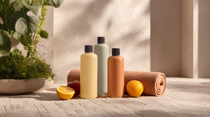 Modern wellness scene with clean skincare containers fresh fruit and yoga mat arranged on light stone floor with greenery and neutral tones
