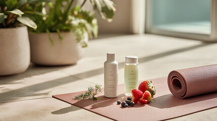 Modern wellness scene with clean skincare containers fresh fruit and yoga mat arranged on light stone floor with greenery and neutral tones
