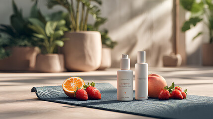 Modern wellness scene with clean skincare containers fresh fruit and yoga mat arranged on light stone floor with greenery and neutral tones
