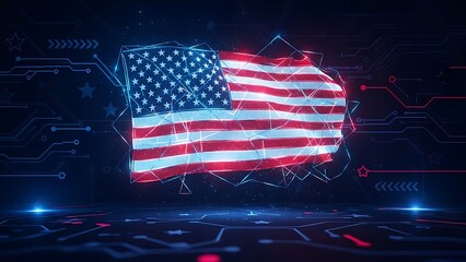 Futuristic Digital American Flag with Circuit Board Design & Glowing Stars High-Tech USA Symbol of Innovation