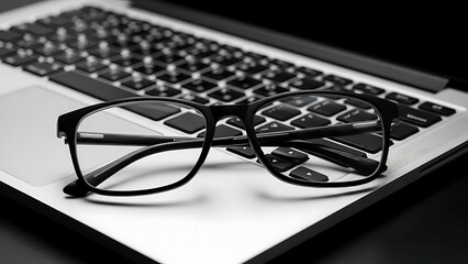 Black framed glasses resting on a modern laptop keyboard, close-up shot