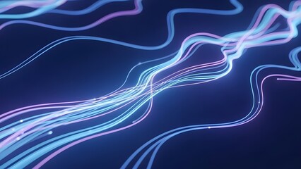 Vibrant neon light trails on dark blue background for tech designs