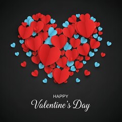 Decorative February fourteenth graphic featuring a central heart motif of tiny layered hearts and beautiful white cursive font greeting.