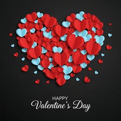 Artistic paper-cut style heart arrangement in red and blue tones designed for romantic holiday marketing and digital card backgrounds.