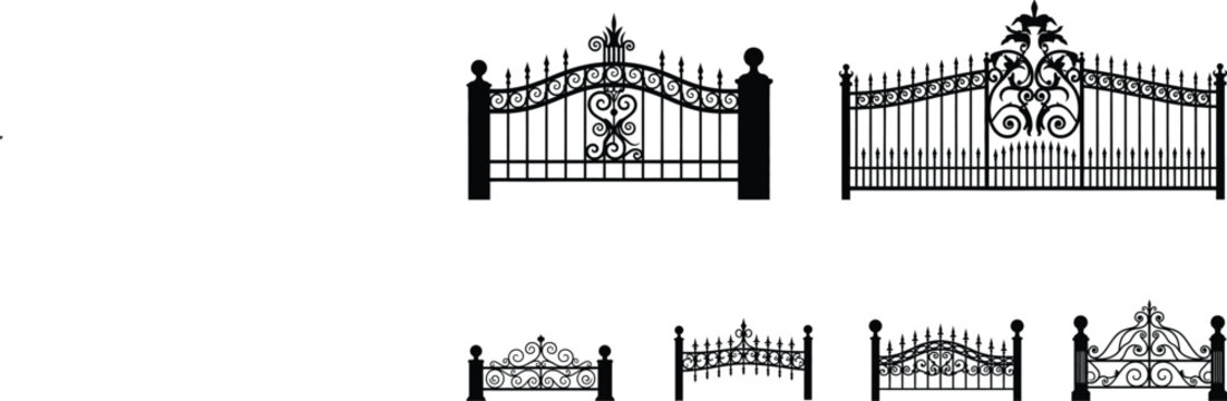 Fence vector silhouette set isolated on transparent background ornate gate designs