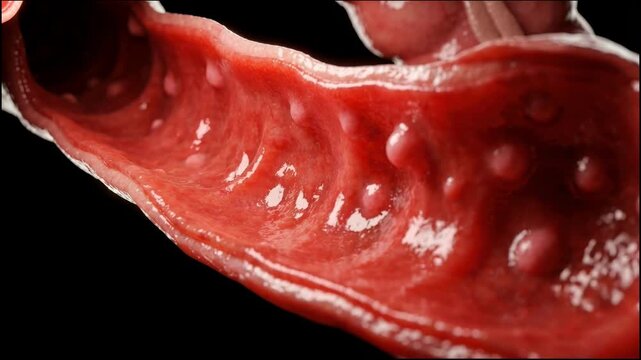 Realistic 3D medical animation moving through a human colon showing multiple polyps and tumors on the intestinal wall, detailed anatomy visualization for colorectal cancer study.
