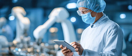 A healthcare worker in protective gear monitors automated processes on a tablet in a high-tech industrial environment.