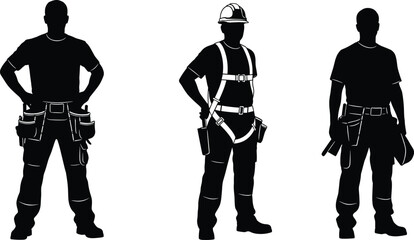 Construction worker silhouettes with tool belt and safety harness isolated on white background professional tradesman vector illustration set