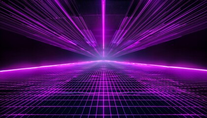 a purple neon wireframe grid stretching in perspective simulating a virtual road or tunnel on a black surface