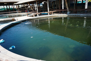 Circular cement ponds, closed-system marine fish farming ponds, marine aquaculture ponds.