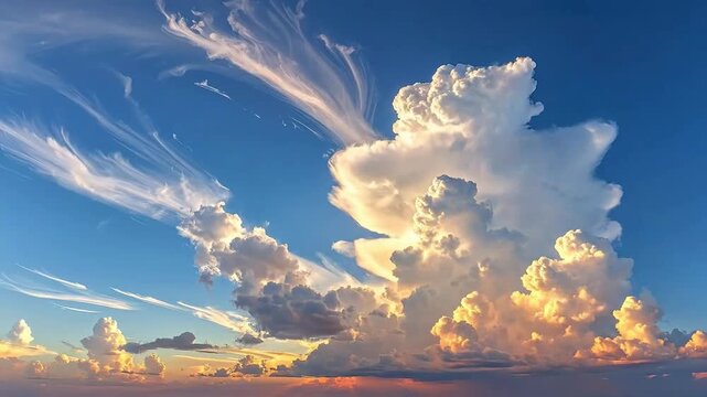 Dramatic cloudscape featuring cumulus and cirrus clouds illuminated by the warm light of sunset.