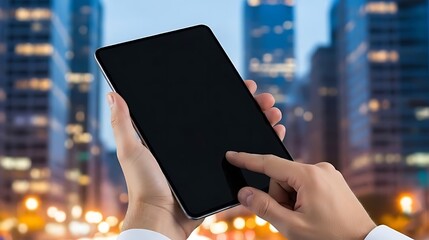 Person holding a tablet with a cityscape background at night