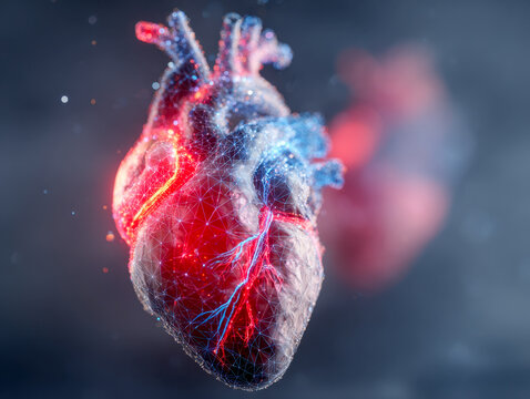 3d digital illustration of a human heart highlighting blood vessels with glowing network connections and realistic anatomical details in a futuristic style