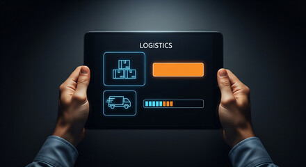 Hands holding a tablet displaying logistics and delivery progress on a dark, modern interface